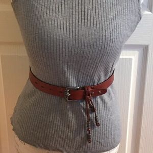 Unique specialty brown leather belt with leather and metal bead tassels